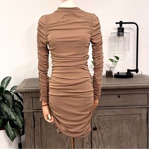 ASTR Long-Sleeved Ruched Dress in Tan NWOT